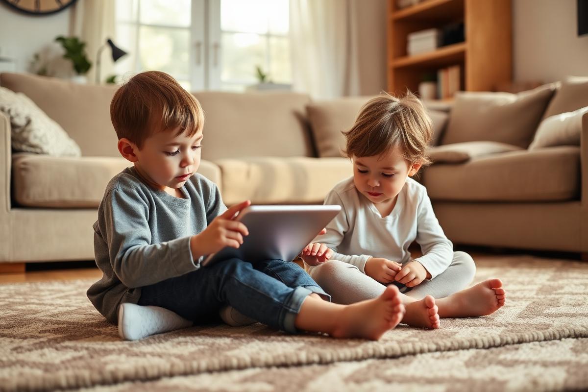 Placeholder: two young children sharing a tablet on a living room rug