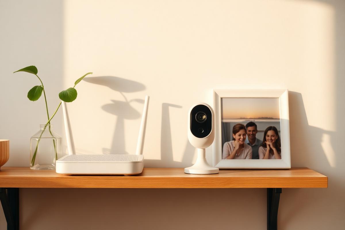 Placeholder: home Wi-Fi router and small camera on a wooden shelf