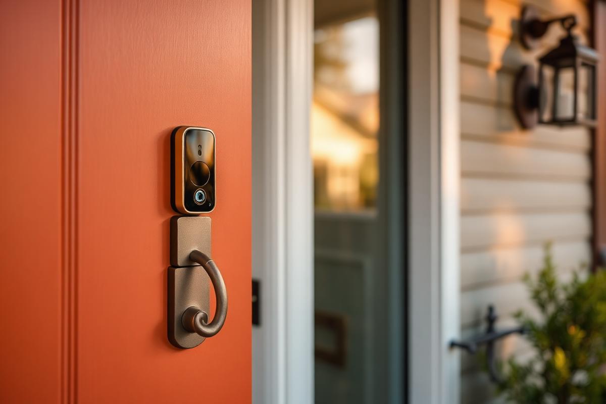 Placeholder: smart lock and video doorbell on a warm orange front door