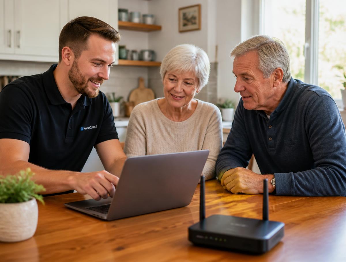 Placeholder: a friendly technician helping an older couple at their kitchen table with a laptop and home router